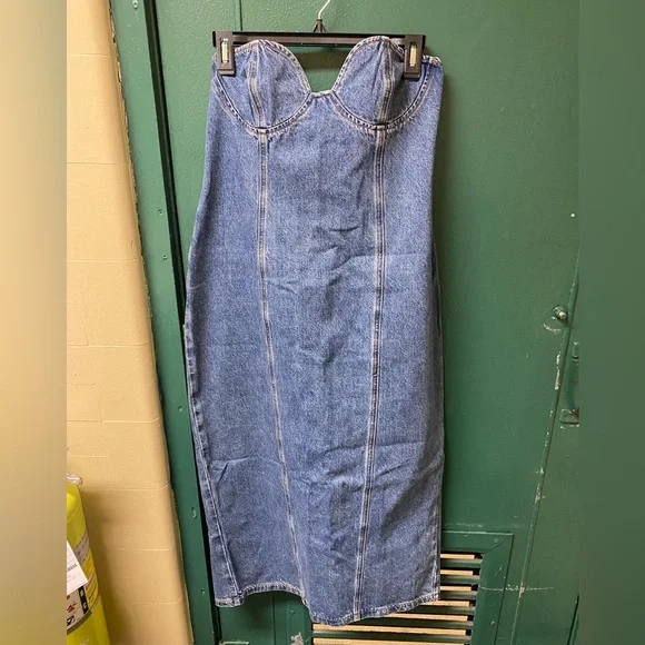 Lioness Strapless Denim Midi Dress in Blue - Picture 7 of 14